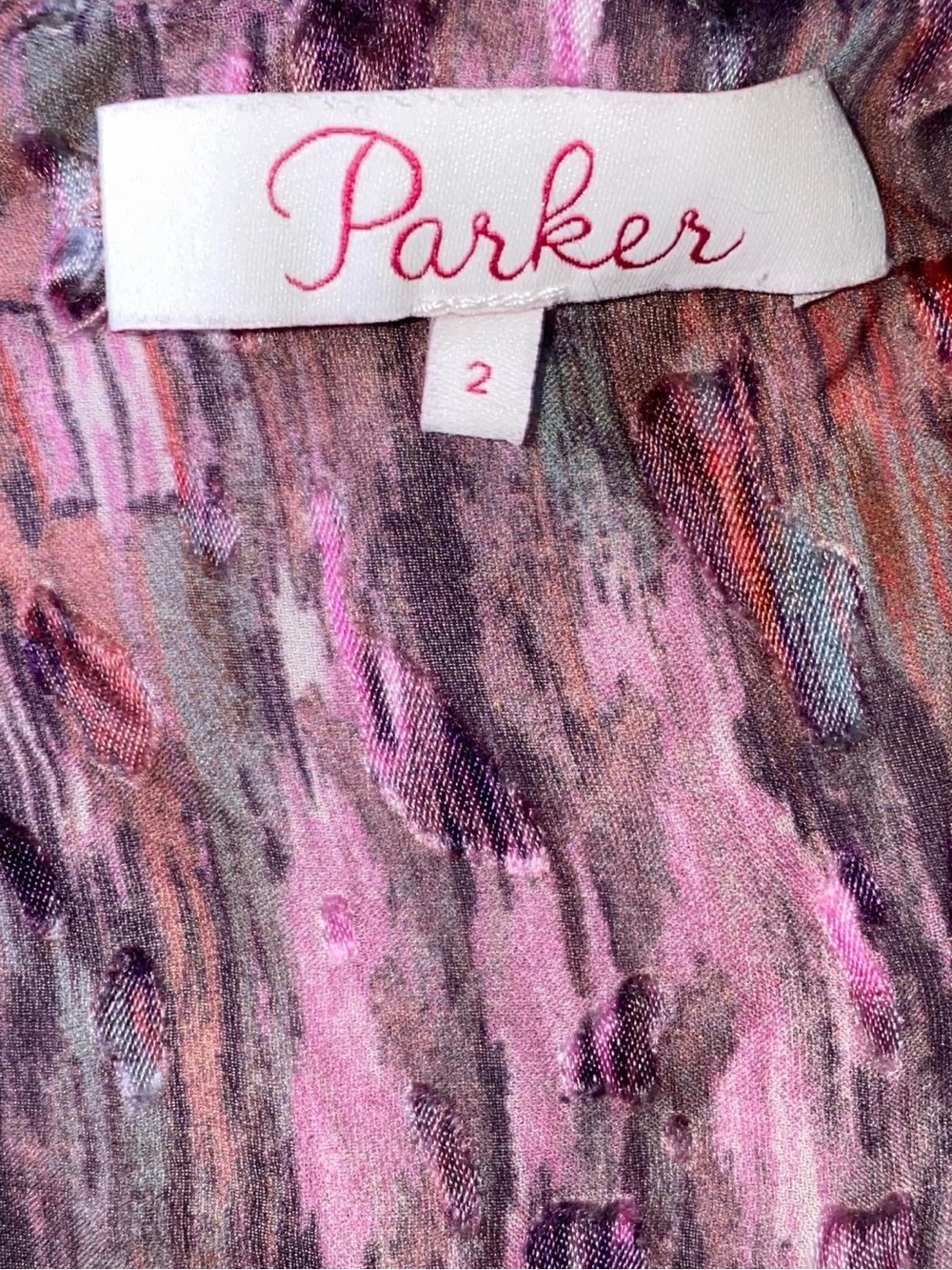 Parker 100% silk abstract Print  Ruched Midi Dress Long Sleeve High-Low Hem - Picture 11 of 13
